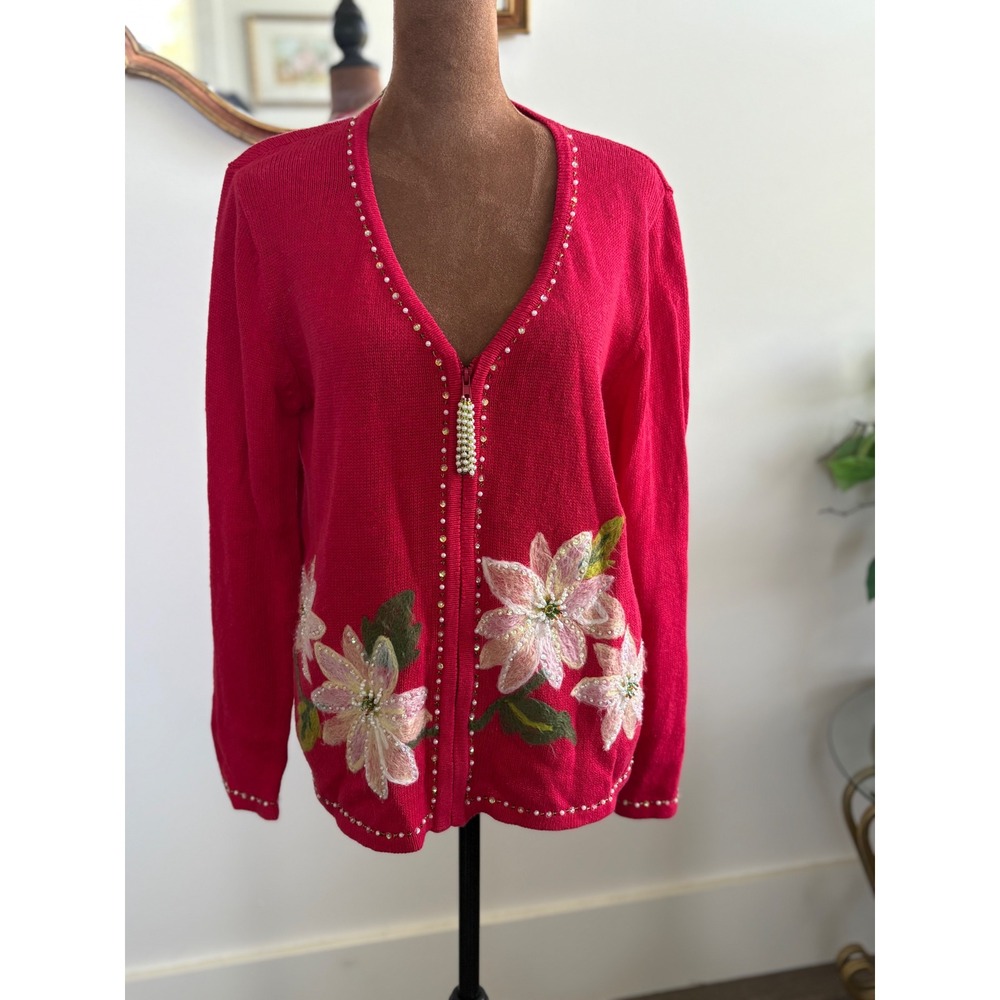 Vintage Kim Rogers Womens‎ Christmas Cardigan Sweater Floral Embellished Beads
